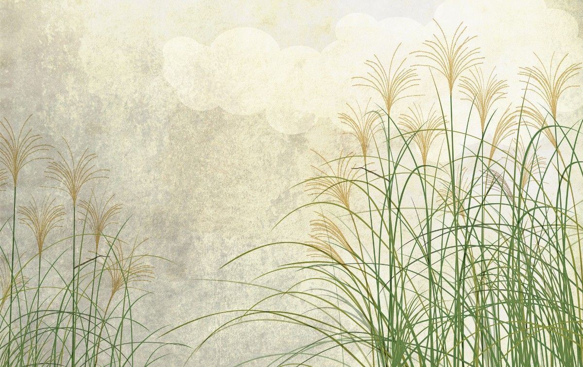 Tapet personalizat leaf cu frunze artistic cu iarba de trestie in culori naturale pe un fundal abstract cu nori inspirand liniste si natura delta