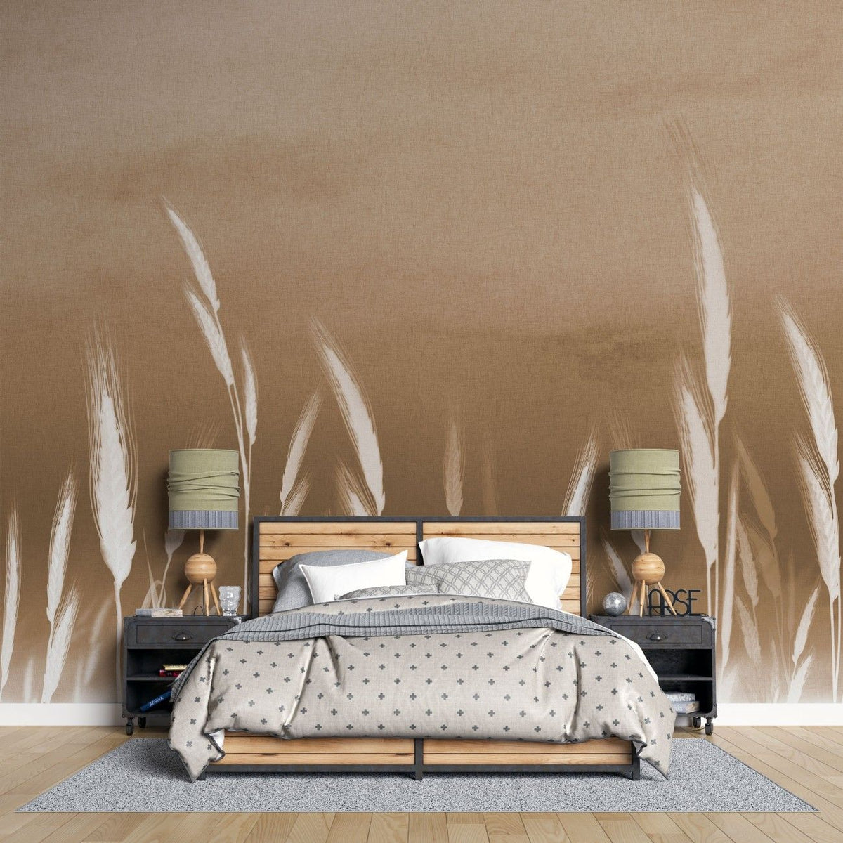 Tapet personalizat leaf cu frunze cu spice albe de grau pe un fundal maro deschis oferind un accent subtil de natura si eleganta wheat accent