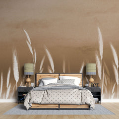 Tapet personalizat leaf cu frunze cu spice albe de grau pe un fundal maro deschis oferind un accent subtil de natura si eleganta wheat accent