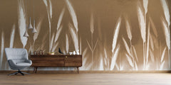 Tapet personalizat leaf cu frunze cu spice albe de grau pe un fundal maro deschis oferind un accent subtil de natura si eleganta wheat accent