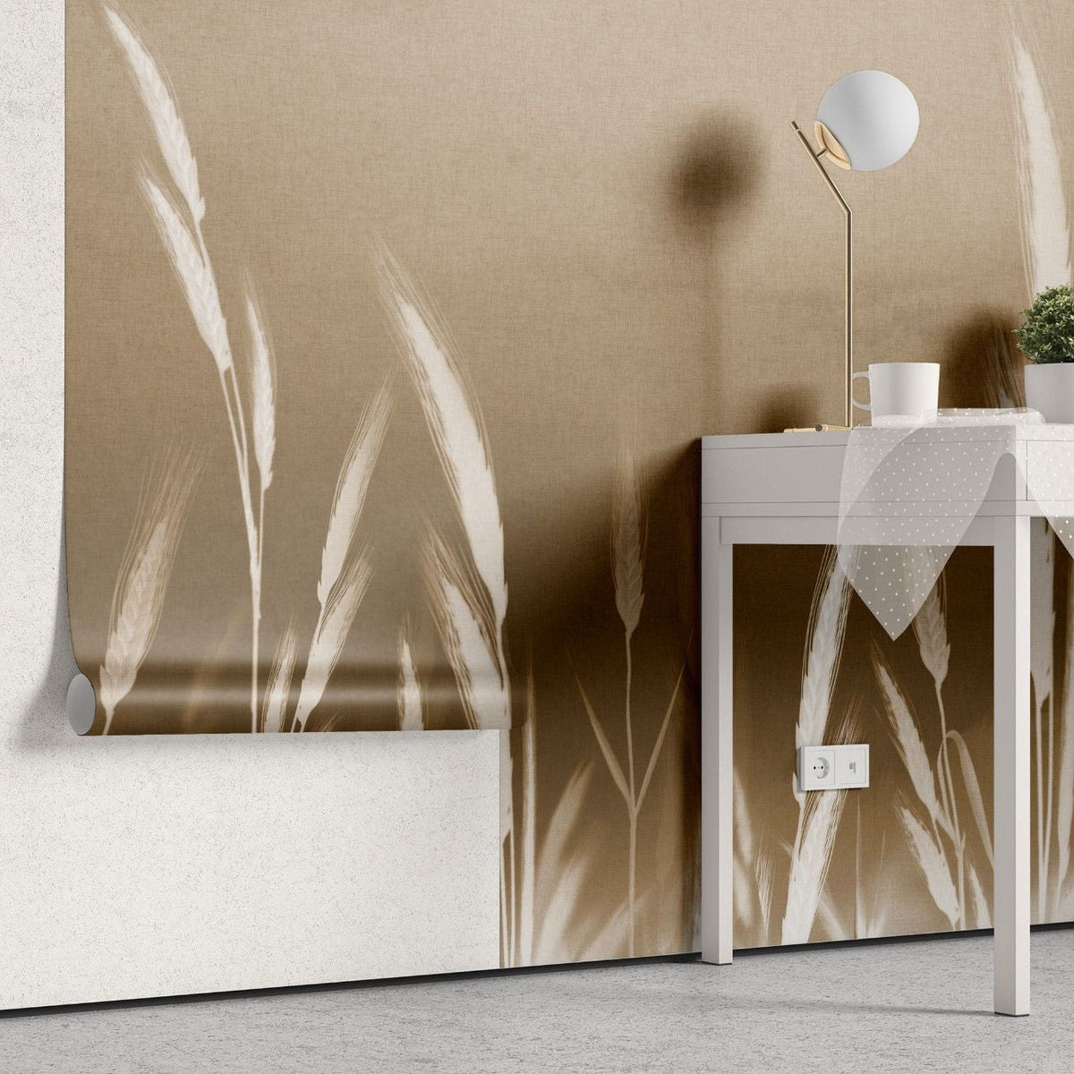 Tapet personalizat leaf cu frunze cu spice albe de grau pe un fundal maro deschis oferind un accent subtil de natura si eleganta wheat accent