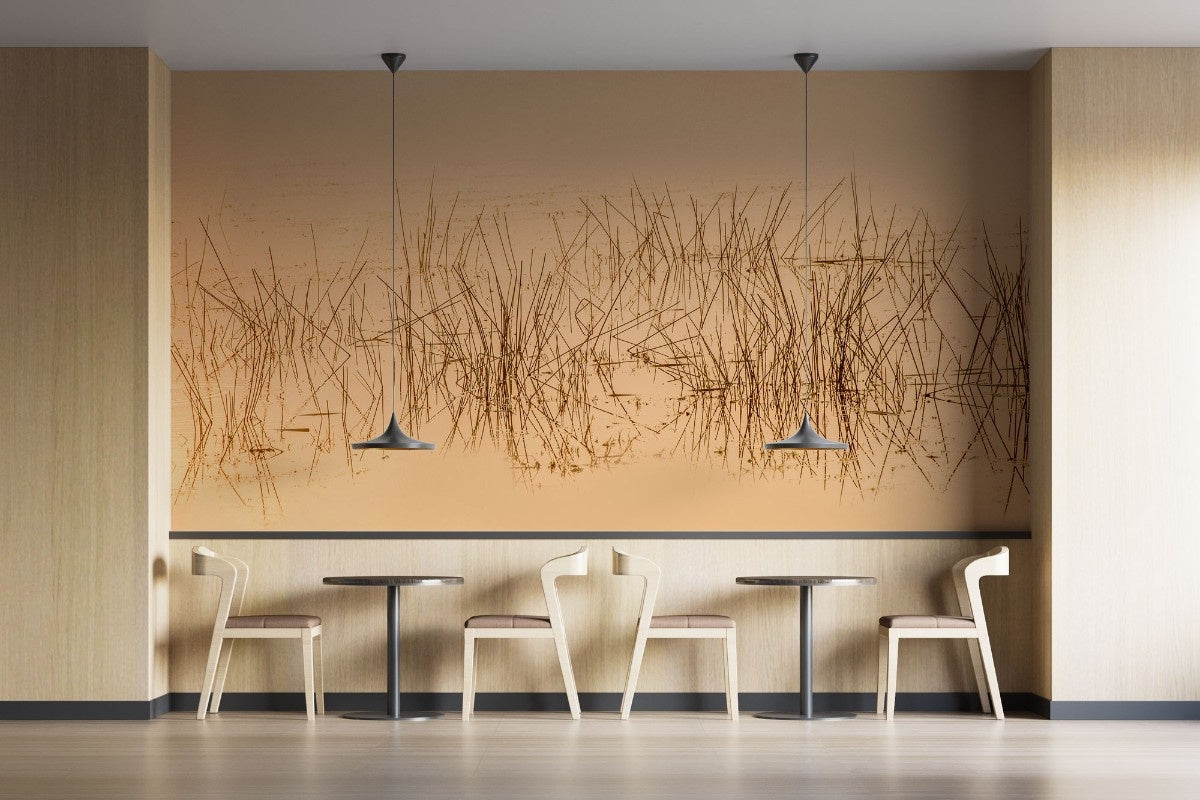 Fototapet personalizat leaf cu cu iarba acvatica in reflexia apei in nuante intunecate evocand o ambianta misterioasa si relaxanta water grass dark