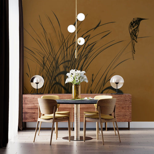 Tapet personalizat leaf cu frunze cu un design minimalist infatisand pasari stilizate printre fire de trestie pe un fundal maro inchis creand o imagine eleganta bird reed dark