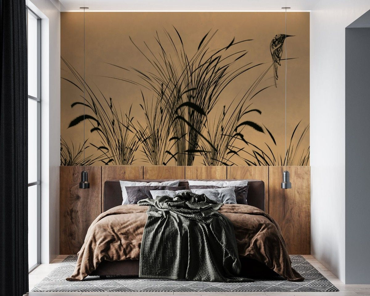 Tapet personalizat leaf cu frunze si pasari stilizate asezate pe fire de trestie pe un fundal de un bej deschis oferind o nota de serenitate si naturalete bird reed light