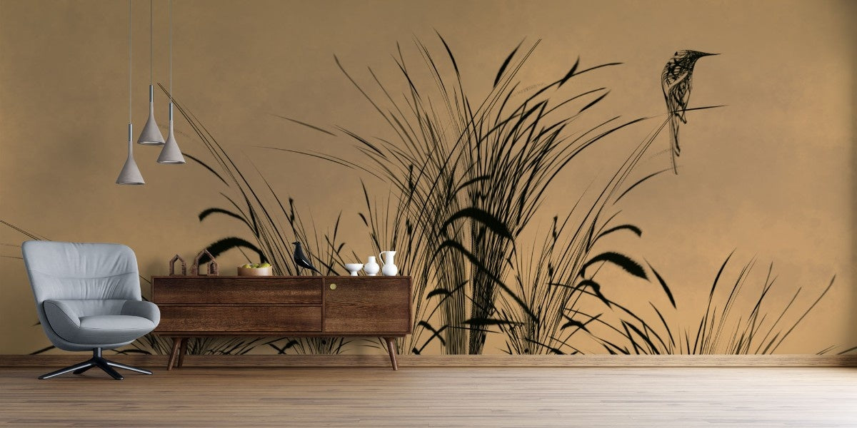 Tapet personalizat leaf cu frunze si pasari stilizate asezate pe fire de trestie pe un fundal de un bej deschis oferind o nota de serenitate si naturalete bird reed light