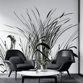 Tapet personalizat leaf cu pasari si trestie in siluete negre pe un fundal alb pur pentru un contrast modern si un aspect artistic bird reed white