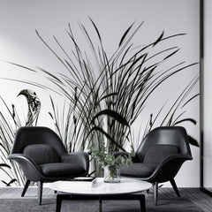 Tapet personalizat leaf cu pasari si trestie in siluete negre pe un fundal alb pur pentru un contrast modern si un aspect artistic bird reed white