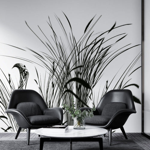 Tapet personalizat leaf cu pasari si trestie in siluete negre pe un fundal alb pur pentru un contrast modern si un aspect artistic bird reed white