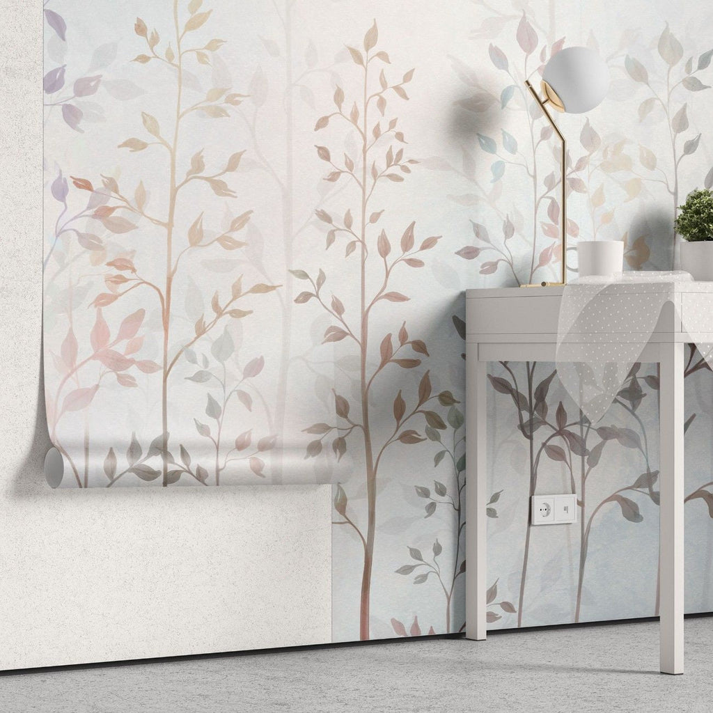 Tapet personalizat leaf cu crengute delicate si frunze in nuante pastelate pe un fundal luminos creand o atmosfera eterica si relaxanta heaven leaves