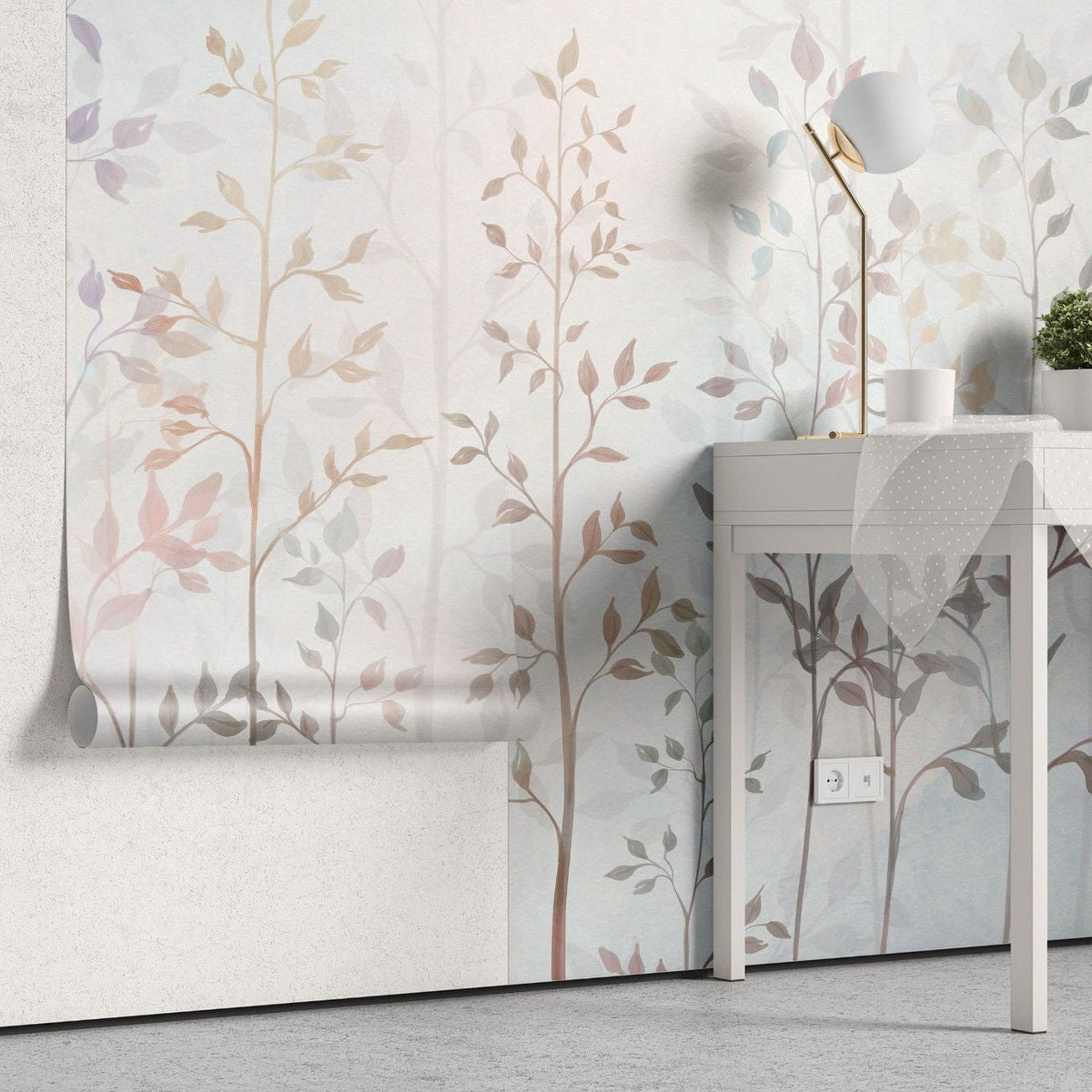 Tapet personalizat leaf cu crengute delicate si frunze in nuante pastelate pe un fundal luminos creand o atmosfera eterica si relaxanta heaven leaves