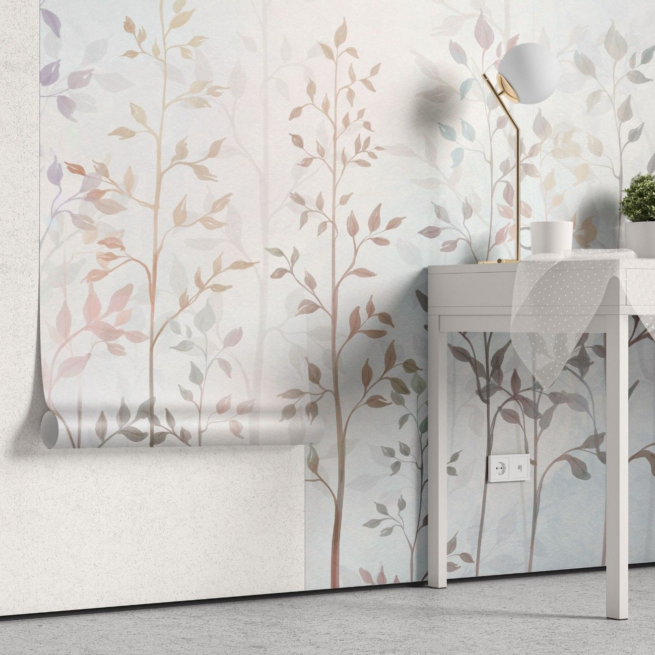 Tapet personalizat leaf cu crengute delicate si frunze in nuante pastelate pe un fundal luminos creand o atmosfera eterica si relaxanta heaven leaves