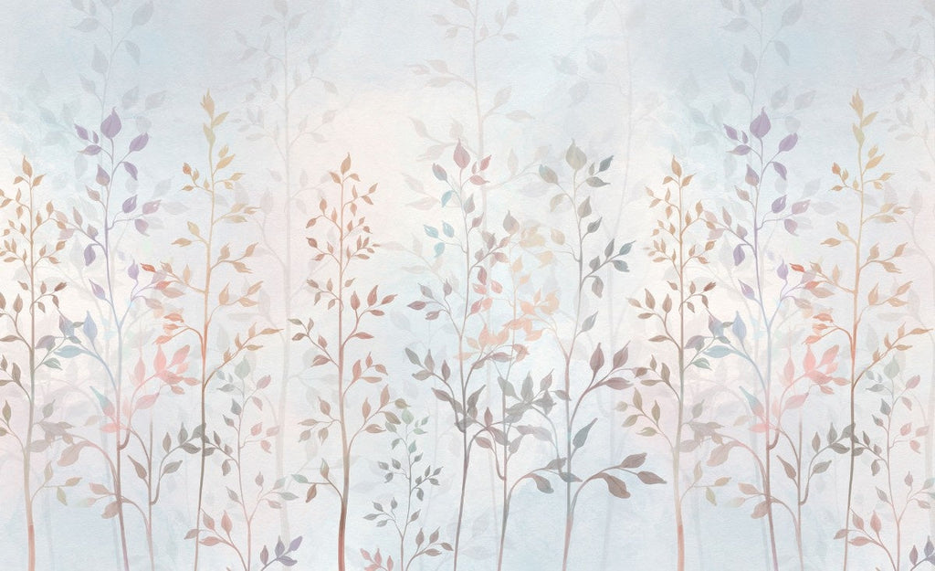 Tapet personalizat leaf cu crengute delicate si frunze in nuante pastelate pe un fundal luminos creand o atmosfera eterica si relaxanta heaven leaves