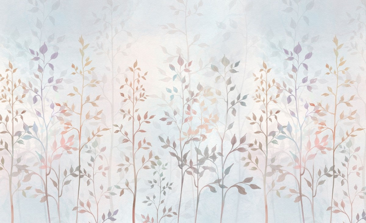 Tapet personalizat leaf cu crengute delicate si frunze in nuante pastelate pe un fundal luminos creand o atmosfera eterica si relaxanta heaven leaves