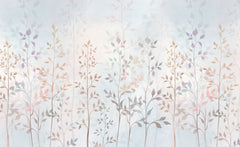 Tapet personalizat leaf cu crengute delicate si frunze in nuante pastelate pe un fundal luminos creand o atmosfera eterica si relaxanta heaven leaves