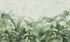 Tapet personalizat leaf cu frunze si vegetatie tropicala luxurianta frunze mari verzi si flori delicate pe un fundal deschis ideal pentru o camera luminoasa tropical wide