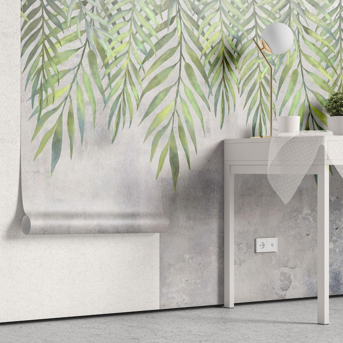 Tapet personalizat leaf cu frunze de palmier suspendate in nuante de verde pe un fundal cu aspect texturat perfect pentru un design fresh si vivid hanging palm leaves