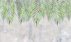 Tapet personalizat leaf cu frunze de palmier suspendate in nuante de verde pe un fundal cu aspect texturat perfect pentru un design fresh si vivid hanging palm leaves
