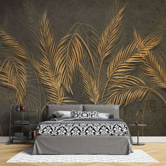 Tapet personalizat leaf cu frunze de palmier aurii stilizate pe un fundal inchis texturat aducand un plus de eleganta si o nota artistica exotica artistic palm