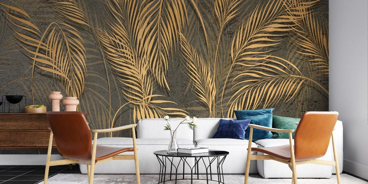 Tapet personalizat leaf cu frunze de palmier aurii stilizate pe un fundal inchis texturat aducand un plus de eleganta si o nota artistica exotica artistic palm