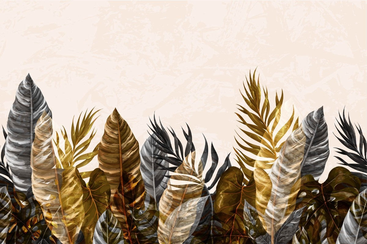 Tapet personalizat leaf cu frunze luxuriante in nuante de auriu gri si negru pe un fundal deschis pentru un aspect modern si elegant brassy tropical