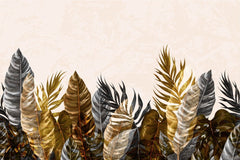Tapet personalizat leaf cu frunze luxuriante in nuante de auriu gri si negru pe un fundal deschis pentru un aspect modern si elegant brassy tropical
