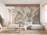 Tapet personalizat leaf cu umbre delicate de frunze de palmier in tonuri de bej si gri creand o atmosfera subtila si eleganta palm shadows