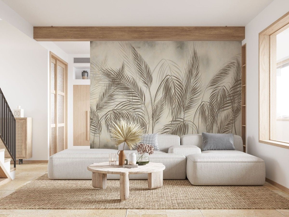 Tapet personalizat leaf cu umbre delicate de frunze de palmier in tonuri de bej si gri creand o atmosfera subtila si eleganta palm shadows