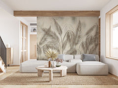 Tapet personalizat leaf cu umbre delicate de frunze de palmier in tonuri de bej si gri creand o atmosfera subtila si eleganta palm shadows