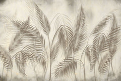 Tapet personalizat leaf cu umbre delicate de frunze de palmier in tonuri de bej si gri creand o atmosfera subtila si eleganta palm shadows
