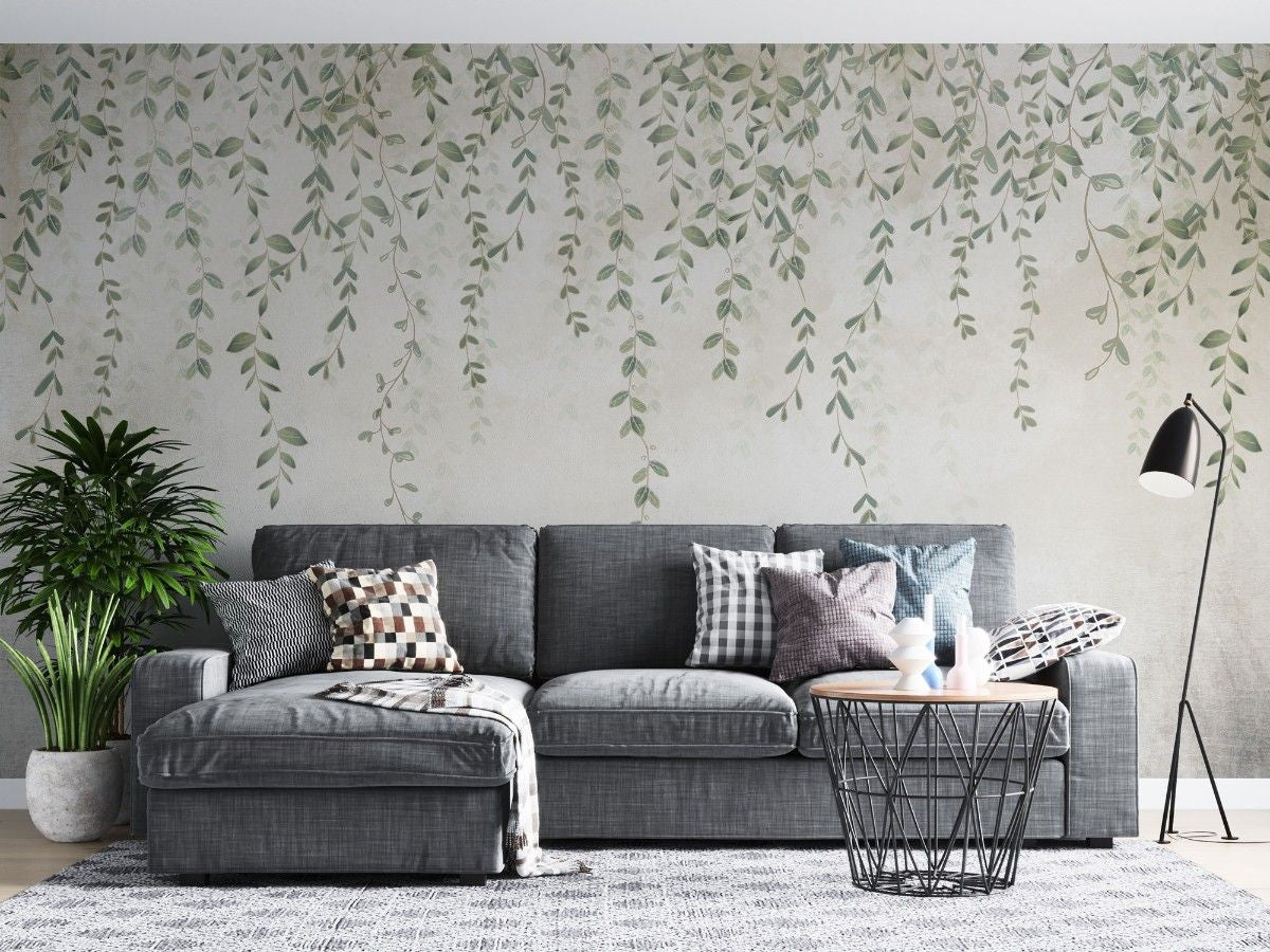Tapet personalizat leaf cu frunze mici delicate in nuante de verde pal cazand in cascada ideal pentru un decor proaspat si primitor pretty little leaves