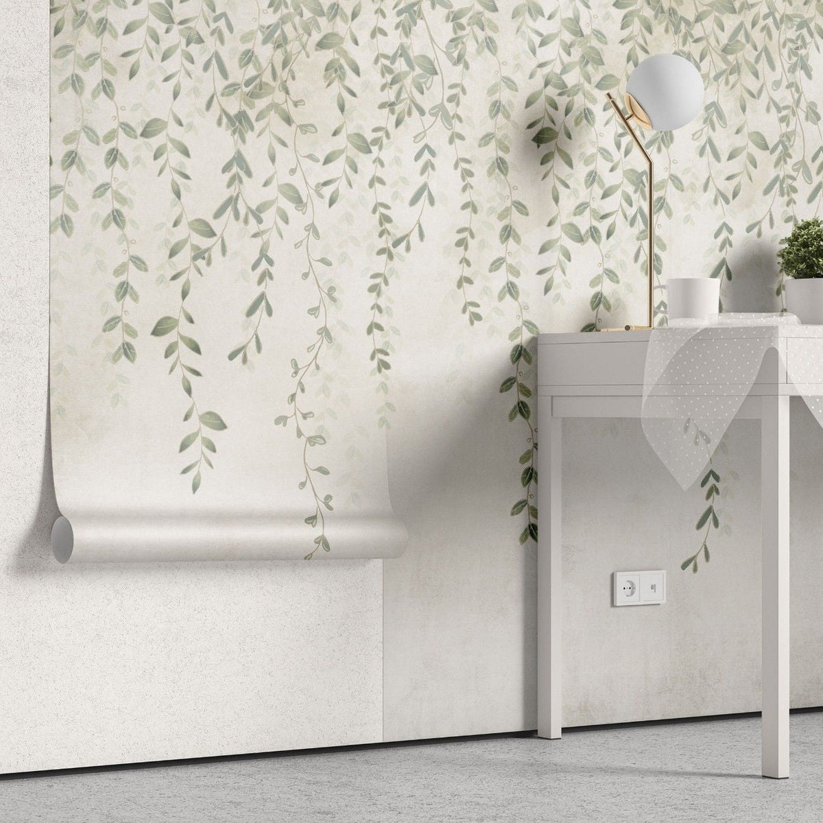 Tapet personalizat leaf cu frunze mici delicate in nuante de verde pal cazand in cascada ideal pentru un decor proaspat si primitor pretty little leaves