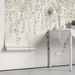 Tapet personalizat leaf cu frunze mici delicate in nuante de verde pal cazand in cascada ideal pentru un decor proaspat si primitor pretty little leaves
