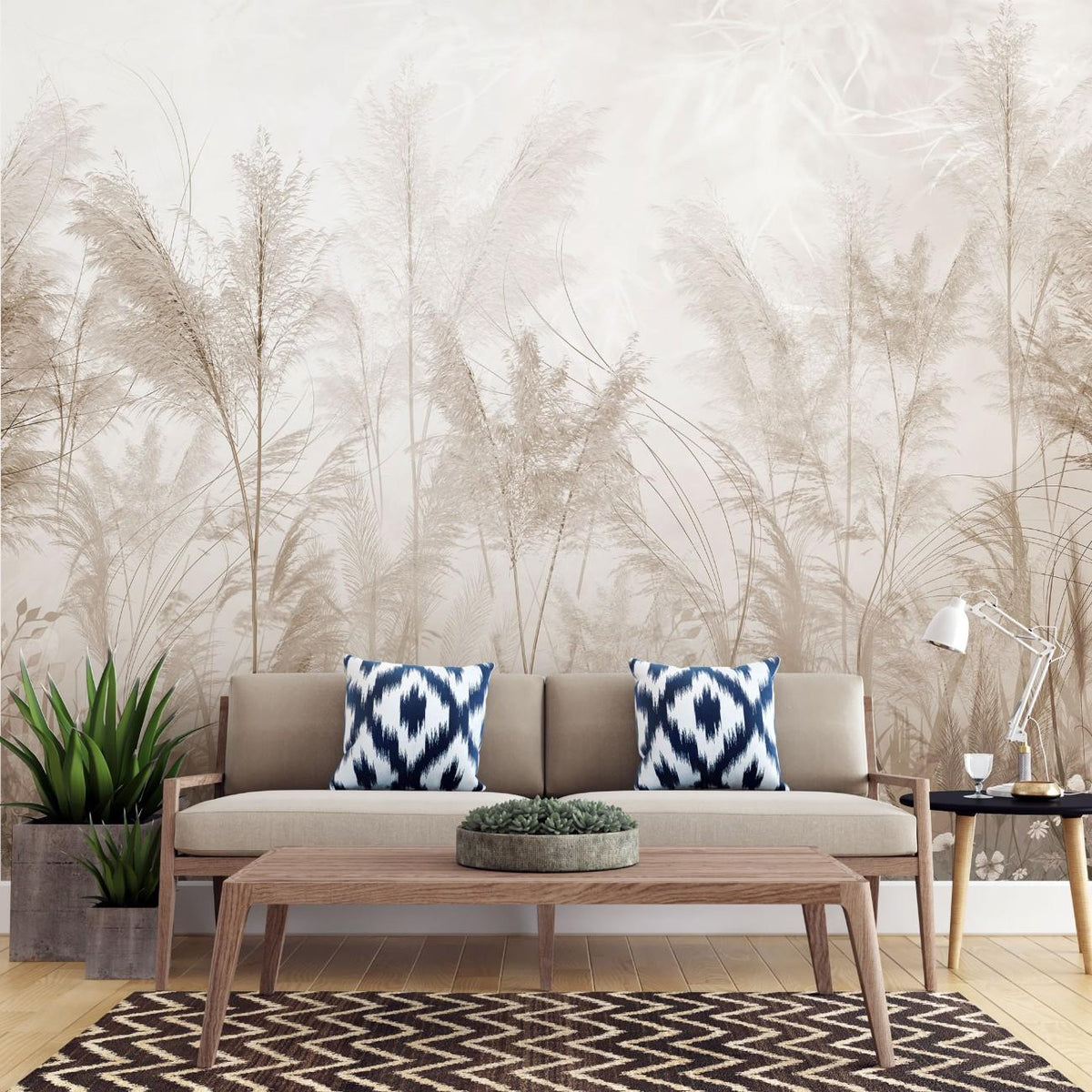 Fototapet personalizat leaf cu iarba de pampas si flori mici in tonuri de sepia si bej oferind un sentiment de naturalete si caldura cu un aer romantic flowerish sepia
