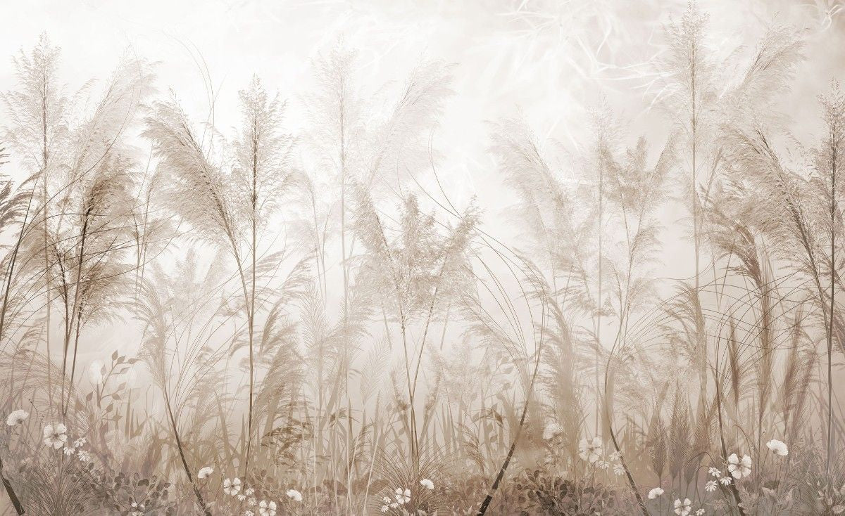Fototapet personalizat leaf cu iarba de pampas si flori mici in tonuri de sepia si bej oferind un sentiment de naturalete si caldura cu un aer romantic flowerish sepia