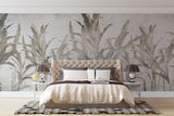 Tapet personalizat leaf cu frunze si arbori de banane stilizati in tonuri de gri si bej pe un fundal alb pentru un design tropical modern si aerisit banana trees