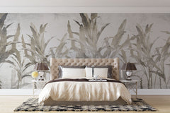 Tapet personalizat leaf cu frunze si arbori de banane stilizati in tonuri de gri si bej pe un fundal alb pentru un design tropical modern si aerisit banana trees