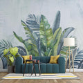 Tapet personalizat leaf cu frunze tropicale in acuarela in nuante vibrante de verde si albastru pe un fundal deschis aducand prospetime si vitalitate watercolor green leaves