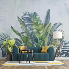 Tapet personalizat leaf cu frunze tropicale in acuarela in nuante vibrante de verde si albastru pe un fundal deschis aducand prospetime si vitalitate watercolor green leaves