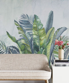 Tapet personalizat leaf cu frunze tropicale in acuarela in nuante vibrante de verde si albastru pe un fundal deschis aducand prospetime si vitalitate watercolor green leaves