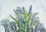 Tapet personalizat leaf cu frunze tropicale in acuarela in nuante vibrante de verde si albastru pe un fundal deschis aducand prospetime si vitalitate watercolor green leaves