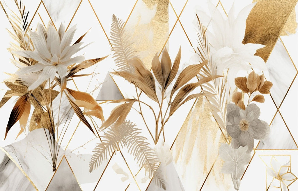 Tapet personalizat leaf cu elemente florale moderne cu flori si frunze aurii si albe pe un fundal cu model geometric si accente marmorate elegant si sofisticat floral gold tile
