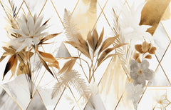 Tapet personalizat leaf cu elemente florale moderne cu flori si frunze aurii si albe pe un fundal cu model geometric si accente marmorate elegant si sofisticat floral gold tile