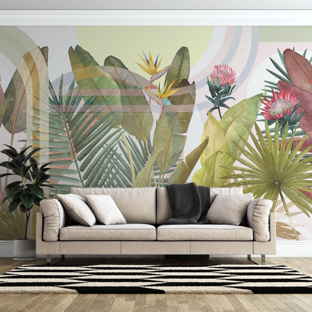 Tapet personalizat leaf in stil art deco cu frunze tropicale si flori exotice in culori vii pe un fundal geometric pentru un design indraznet si artistic art deco leaves