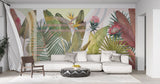 Tapet personalizat leaf in stil art deco cu frunze tropicale si flori exotice in culori vii pe un fundal geometric pentru un design indraznet si artistic art deco leaves
