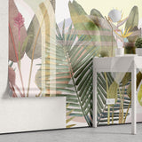 Tapet personalizat leaf in stil art deco cu frunze tropicale si flori exotice in culori vii pe un fundal geometric pentru un design indraznet si artistic art deco leaves