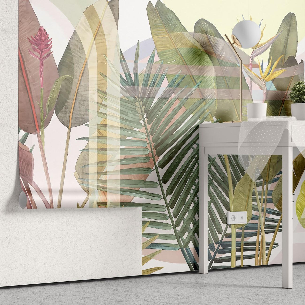 Tapet personalizat leaf in stil art deco cu frunze tropicale si flori exotice in culori vii pe un fundal geometric pentru un design indraznet si artistic art deco leaves