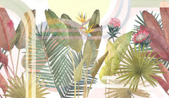 Tapet personalizat leaf in stil art deco cu frunze tropicale si flori exotice in culori vii pe un fundal geometric pentru un design indraznet si artistic art deco leaves