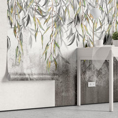 Tapet personalizat leaf cu ramuri delicate de salcie cu frunze in nuante de verde si gri pe un fundal texturat oferind un aspect natural si linistitor wilow wall