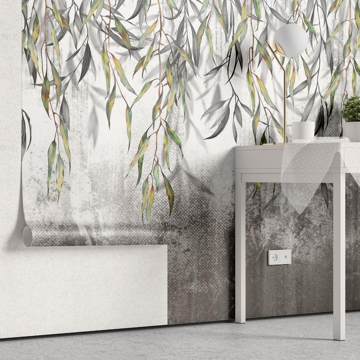 Tapet personalizat leaf cu ramuri delicate de salcie cu frunze in nuante de verde si gri pe un fundal texturat oferind un aspect natural si linistitor wilow wall