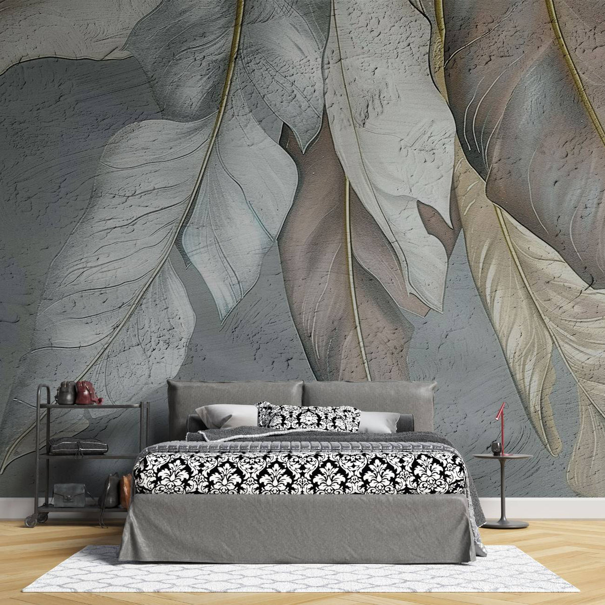 Tapet personalizat leaf cu frunze stilizate asemanatoare unor pene in nuante de bej si gri cu o textura fina pentru un decor elegant si aerisit stucco leaves